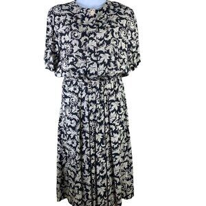 Vintage Midi Dress Size 16 Bonnie Norma Pockets Fitted Waist Black White Baroque